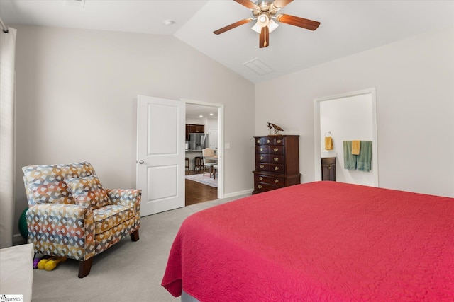 710 Westwood Rd, Lyman, SC 29365 - bedroom featuring vaulted ceiling, carpet, stainless steel refrigerator with ice dispenser, ensuite bath, and ceiling fan