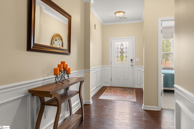 710 Westwood Rd, Lyman, SC 29365 - entryway with ornamental molding, a wainscoted wall, and dark wood-style floors