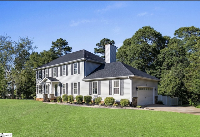 612 Walnut Way, Anderson, SC 29626 - colonial home featuring concrete driveway, a chimney, a front lawn, roof with shingles, and an attached garage
