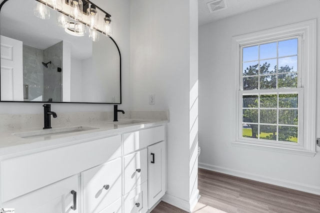 612 Walnut Way, Anderson, SC 29626 - bathroom featuring a shower stall, double vanity, and wood finished floors