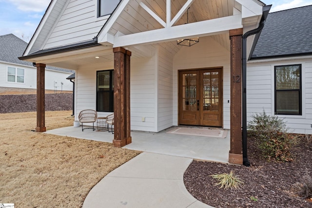 12 Beech Creek Ct, Greer, SC 29651 - entrance to property with french doors, covered porch, and a shingled roof