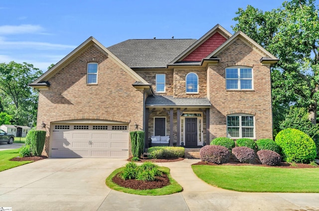 911 Devenger Rd, Greer, SC 29650 - view of front facade featuring covered porch, a garage, driveway, brick siding, and a shingled roof