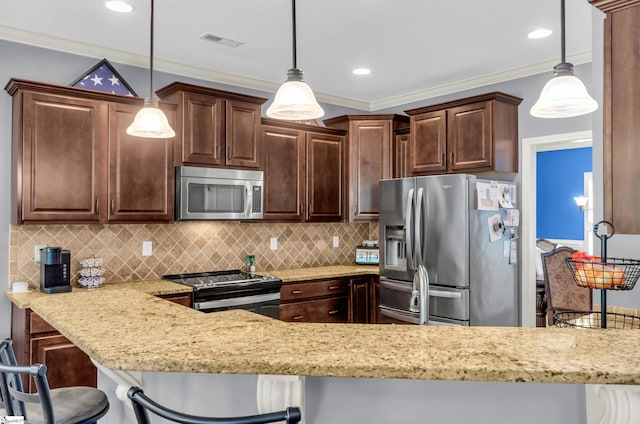 911 Devenger Rd, Greer, SC 29650 - kitchen featuring stainless steel appliances, dark brown cabinetry, light stone countertops, decorative backsplash, and ornamental molding