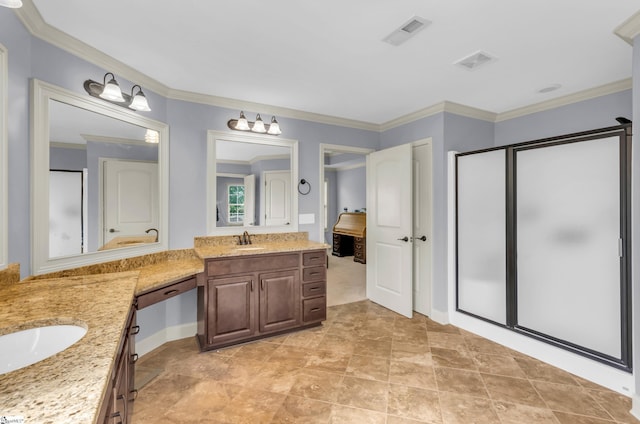 911 Devenger Rd, Greer, SC 29650 - bathroom with two vanities, a stall shower, and crown molding