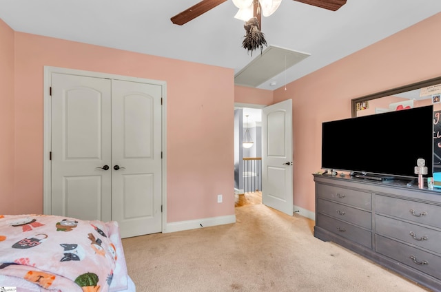 911 Devenger Rd, Greer, SC 29650 - bedroom with attic access, light carpet, a closet, and a ceiling fan