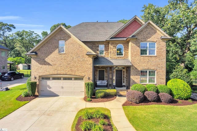 911 Devenger Rd, Greer, SC 29650 - view of front facade featuring a garage, a front lawn, concrete driveway, covered porch, and roof with shingles