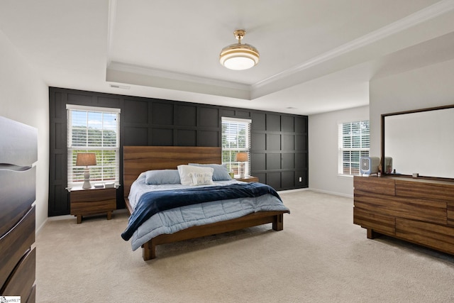 430 Cloverland Ln, Duncan, SC 29334 - bedroom with a raised ceiling, ornamental molding, light colored carpet, a decorative wall, and multiple windows