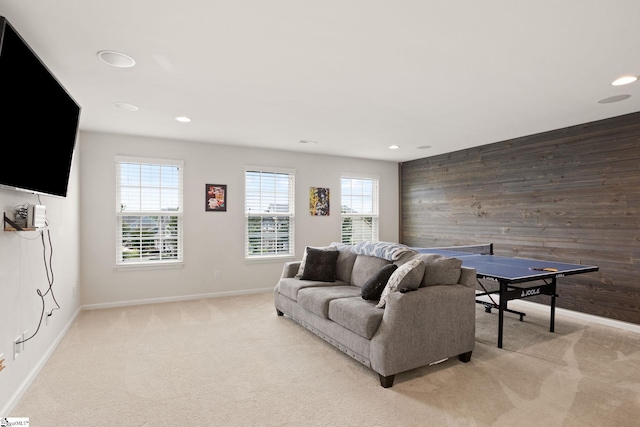 430 Cloverland Ln, Duncan, SC 29334 - living area with light carpet, wooden walls, and recessed lighting