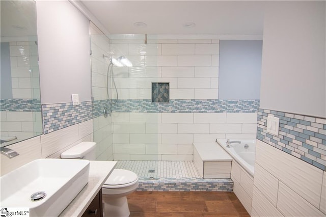 124 Grand Oak Dr, Pendleton, SC 29670 - full bathroom featuring tile walls, a bath, vanity, tiled shower, and crown molding