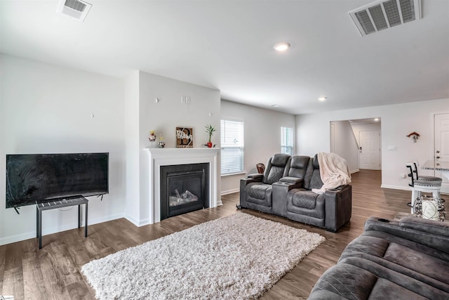 1808 Bridle Ln, Roebuck, SC 29376 - living room with wood finished floors, a glass covered fireplace, and recessed lighting