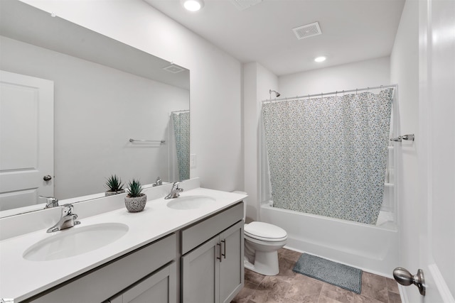 1808 Bridle Ln, Roebuck, SC 29376 - bathroom with double vanity, shower / tub combo with curtain, and recessed lighting