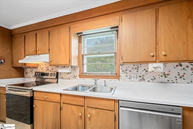 200 Camille St, Easley, SC 29642 - kitchen featuring stainless steel appliances, under cabinet range hood, light countertops, backsplash, and crown molding