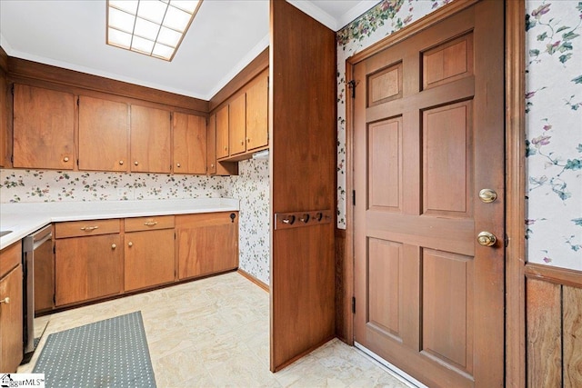 200 Camille St, Easley, SC 29642 - kitchen featuring wallpapered walls, brown cabinetry, dishwasher, ornamental molding, and light countertops
