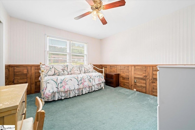 200 Camille St, Easley, SC 29642 - carpeted bedroom featuring wallpapered walls, a wainscoted wall, and ceiling fan