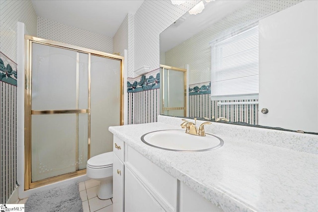 200 Camille St, Easley, SC 29642 - bathroom with wallpapered walls, vanity, a stall shower, and tile patterned flooring