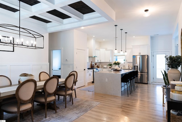 140 Holmes Dr, Spartanburg, SC 29303 - dining space featuring beamed ceiling, coffered ceiling, recessed lighting, light wood-style floors, and a chandelier