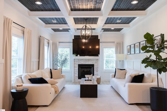 140 Holmes Dr, Spartanburg, SC 29303 - living area with healthy amount of natural light, coffered ceiling, beam ceiling, a chandelier, and a fireplace