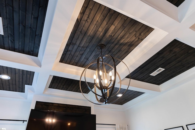 140 Holmes Dr, Spartanburg, SC 29303 - detailed view of beam ceiling, coffered ceiling, and a chandelier