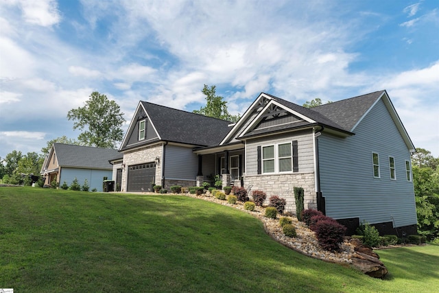 140 Holmes Dr, Spartanburg, SC 29303 - view of front of property with stone siding, a front yard, a shingled roof, and an attached garage