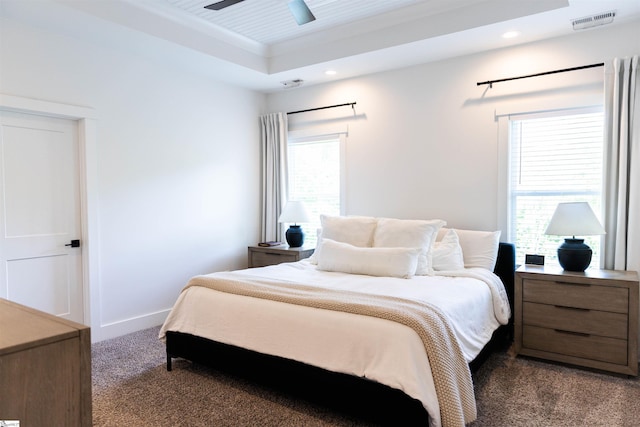 140 Holmes Dr, Spartanburg, SC 29303 - carpeted bedroom with multiple windows, a tray ceiling, recessed lighting, and a ceiling fan