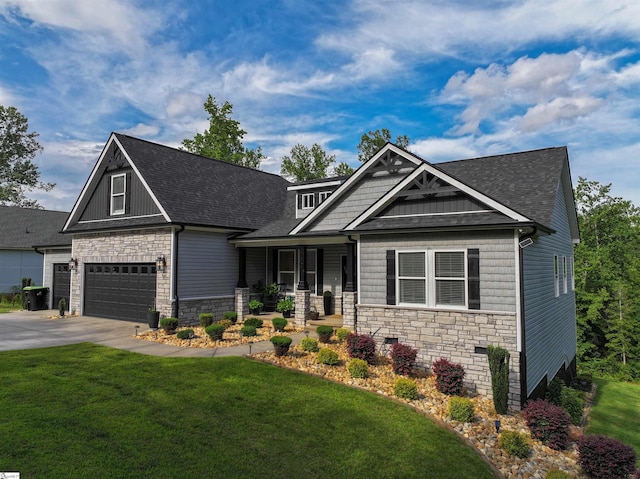 140 Holmes Dr, Spartanburg, SC 29303 - craftsman-style home with stone siding, roof with shingles, a front lawn, and driveway