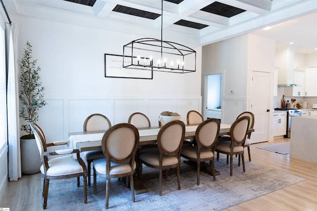 140 Holmes Dr, Spartanburg, SC 29303 - dining room with coffered ceiling, a decorative wall, beamed ceiling, light wood-style flooring, and a wainscoted wall