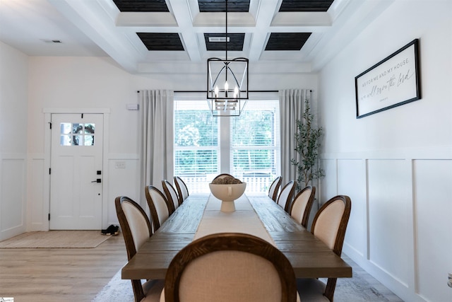 140 Holmes Dr, Spartanburg, SC 29303 - dining room featuring a chandelier, coffered ceiling, light wood-style flooring, beam ceiling, and a decorative wall