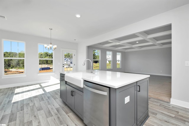 913 Wild Pine Ct, Duncan, SC 29334 - kitchen with dishwasher, gray cabinetry, open floor plan, light countertops, and coffered ceiling