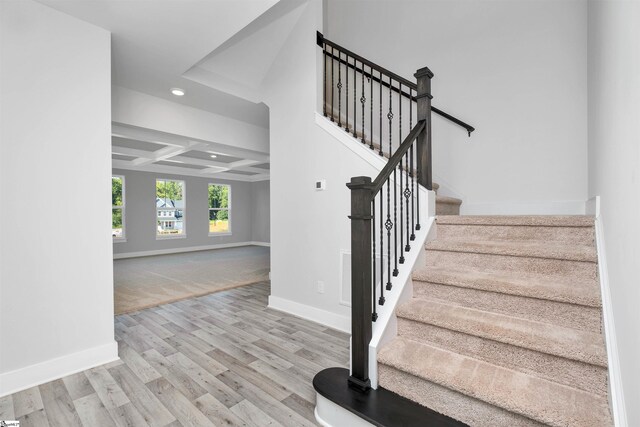 913 Wild Pine Ct, Duncan, SC 29334 - staircase with coffered ceiling, recessed lighting, wood finished floors, and beamed ceiling