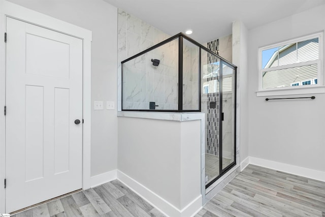 913 Wild Pine Ct, Duncan, SC 29334 - bathroom with a shower stall, wood finished floors, and recessed lighting