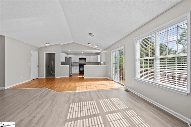 263 Cornelson Dr, Greer, SC 29651 - unfurnished living room with light wood finished floors, vaulted ceiling, and a textured ceiling