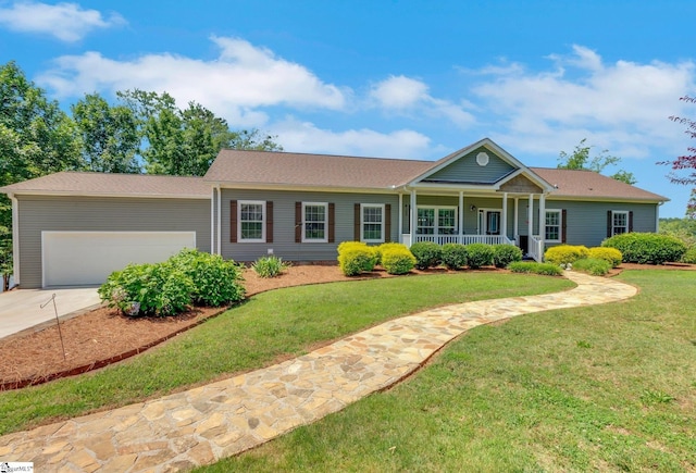1893 Lake Cunningham Rd, Greer, SC 29651 - ranch-style house with an attached garage, a front lawn, covered porch, and concrete driveway
