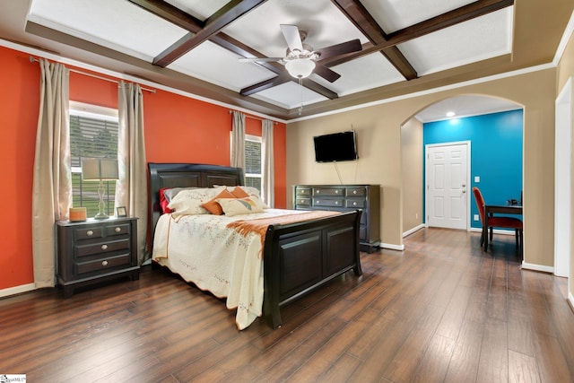 1893 Lake Cunningham Rd, Greer, SC 29651 - bedroom with coffered ceiling, arched walkways, multiple windows, dark wood-style flooring, and beam ceiling