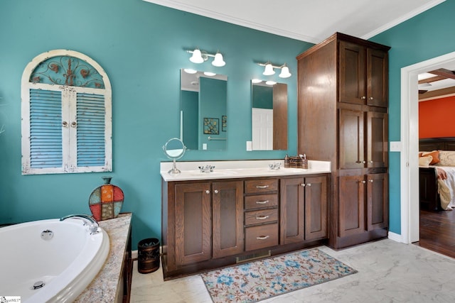 1893 Lake Cunningham Rd, Greer, SC 29651 - ensuite bathroom with double vanity, a garden tub, marble finish floors, and crown molding