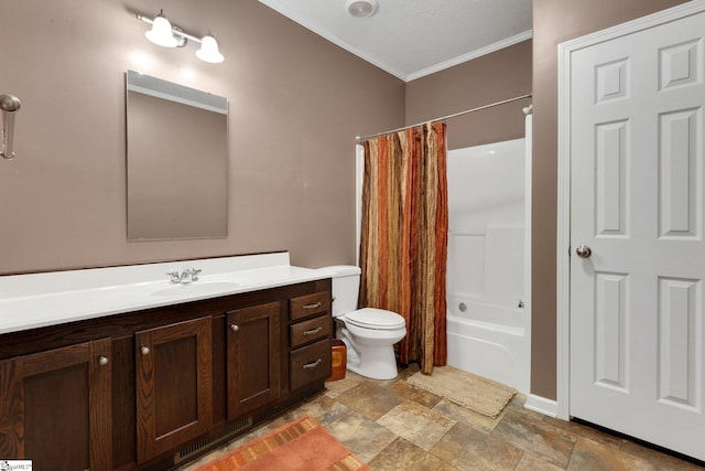 1893 Lake Cunningham Rd, Greer, SC 29651 - full bathroom with ornamental molding, stone finish floors, vanity, and shower / bath combination with curtain