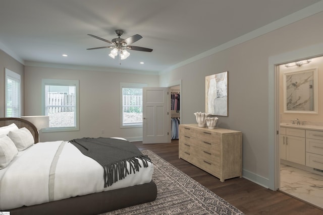 18003 Clermont Cir, Seneca, SC 29678 - bedroom with ornamental molding, connected bathroom, a ceiling fan, dark wood-style flooring, and recessed lighting