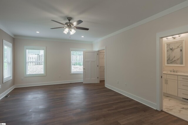 18003 Clermont Cir, Seneca, SC 29678 - empty room with crown molding, a ceiling fan, dark wood-style floors, and recessed lighting