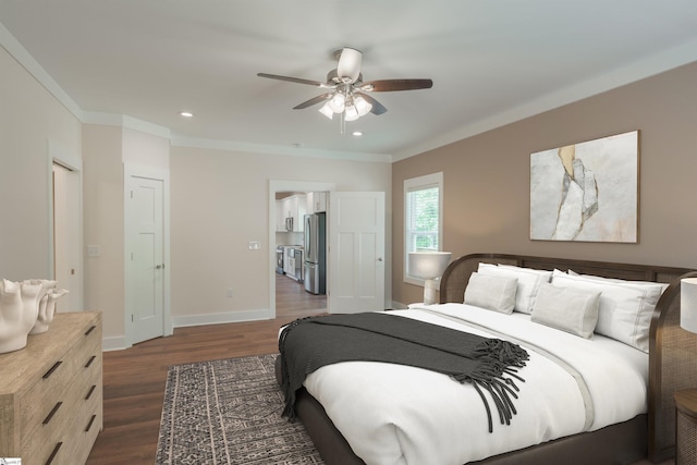 18003 Clermont Cir, Seneca, SC 29678 - bedroom featuring freestanding refrigerator, dark wood-style flooring, crown molding, recessed lighting, and ceiling fan