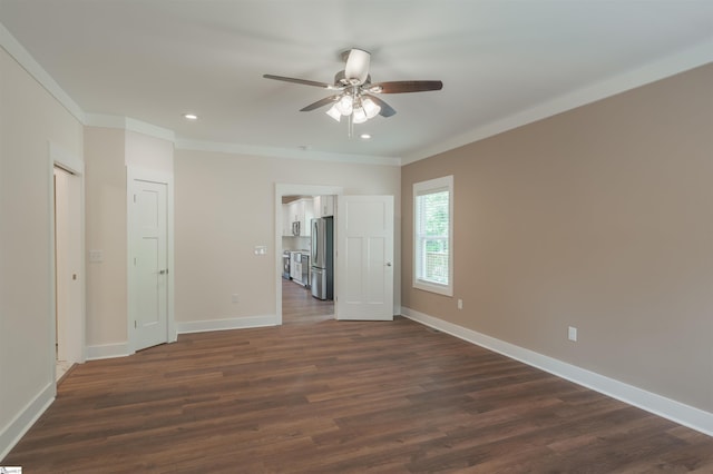 18003 Clermont Cir, Seneca, SC 29678 - unfurnished bedroom featuring freestanding refrigerator, ornamental molding, dark wood-type flooring, recessed lighting, and ceiling fan