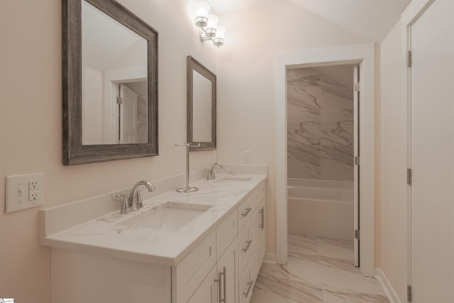 18003 Clermont Cir, Seneca, SC 29678 - bathroom with marble finish flooring, double vanity, and washtub / shower combination