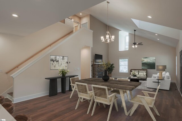 18003 Clermont Cir, Seneca, SC 29678 - dining area with stairway, a skylight, dark wood-type flooring, recessed lighting, and ceiling fan