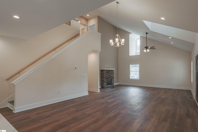 18003 Clermont Cir, Seneca, SC 29678 - unfurnished living room with stairs, a skylight, ceiling fan, dark wood finished floors, and recessed lighting