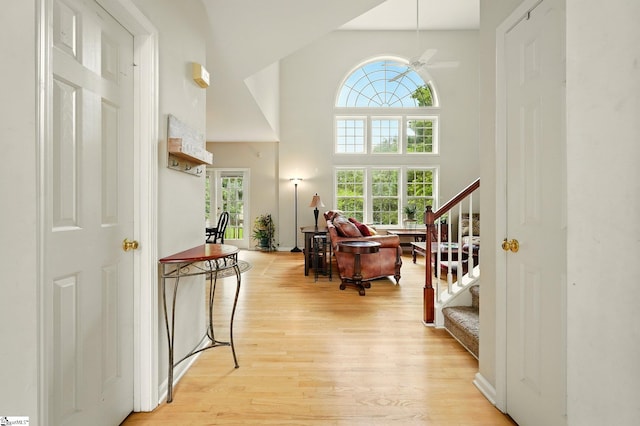 108 Myrtle Way, Greer, SC 29650 - entryway featuring light wood finished floors, healthy amount of natural light, a towering ceiling, stairway, and ceiling fan