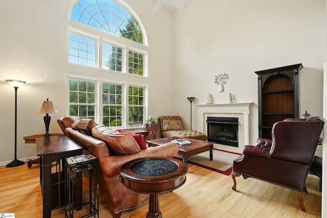 108 Myrtle Way, Greer, SC 29650 - living area with a towering ceiling, wood finished floors, a fireplace, and healthy amount of natural light