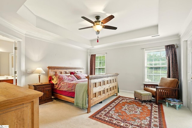 108 Myrtle Way, Greer, SC 29650 - bedroom with a raised ceiling, light carpet, ornamental molding, and a ceiling fan