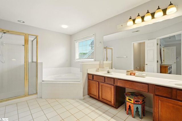 108 Myrtle Way, Greer, SC 29650 - full bath featuring a garden tub, a shower stall, double vanity, tile patterned flooring, and recessed lighting