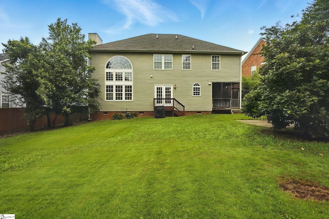 108 Myrtle Way, Greer, SC 29650 - back of property with crawl space, a chimney, and a sunroom