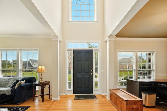 108 Myrtle Way, Greer, SC 29650 - foyer entrance featuring ornate columns, ornamental molding, light wood-style flooring, healthy amount of natural light, and a high ceiling