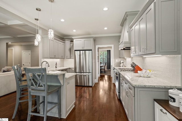 203 Piper Glen Ln, Inman, SC 29349 - kitchen featuring stainless steel appliances, a peninsula, dark wood finished floors, light stone counters, and recessed lighting