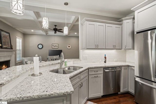 203 Piper Glen Ln, Inman, SC 29349 - kitchen with appliances with stainless steel finishes, a ceiling fan, dark wood-style flooring, a lit fireplace, and backsplash